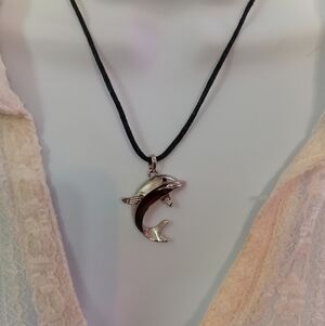 Chic Silver Dolphin Necklace on Black Cord